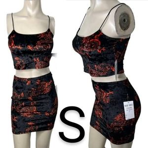 🆕Sexy Black & Red Dragon Print Velvet Cami Skirt Set~Size S
